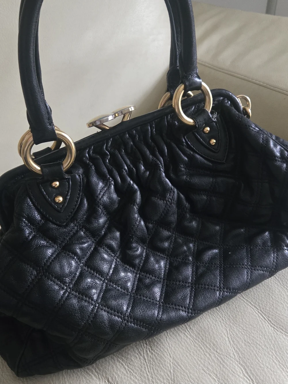 Y2k Marc Jacob Vintage Quilted Leather Satchel Handbag with Gold Chain Hardware